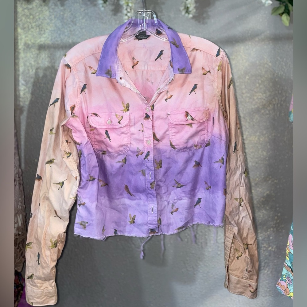 Hand dyed crop bird Oxford shirt women